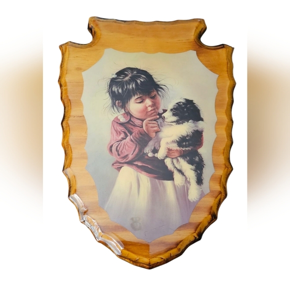 Other - Handmade Vintage Wooden Plaque with Indigenous Girl and Puppy Native American​
